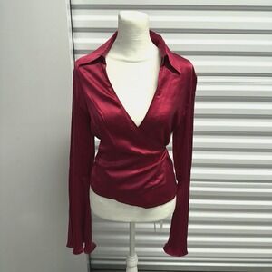 Vintage Y2K Wrap Top Womens 10 Red 100% Silk Metallic V Neck Flare Romantic